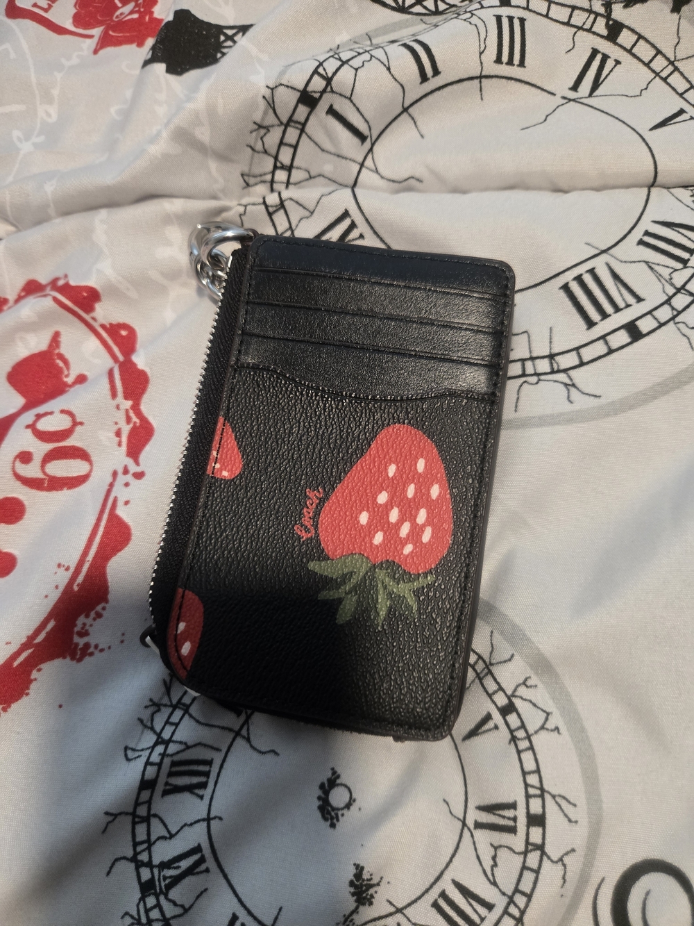 COACH Black Strawberry Print Leather Hobo Bag with Card Case - Picture 6 of 7